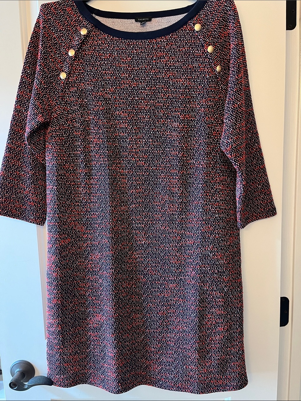 Talbots Navy and Pink Tweed-Effect Shift Dress with Gold Buttons